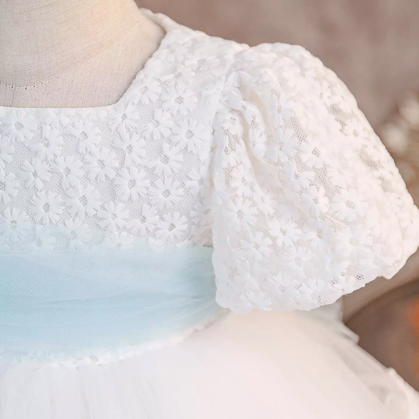 Minnie White Scalloped Lace Tiered Tulle Baby Flower Girl Dress - Tea Length with Blue Sash