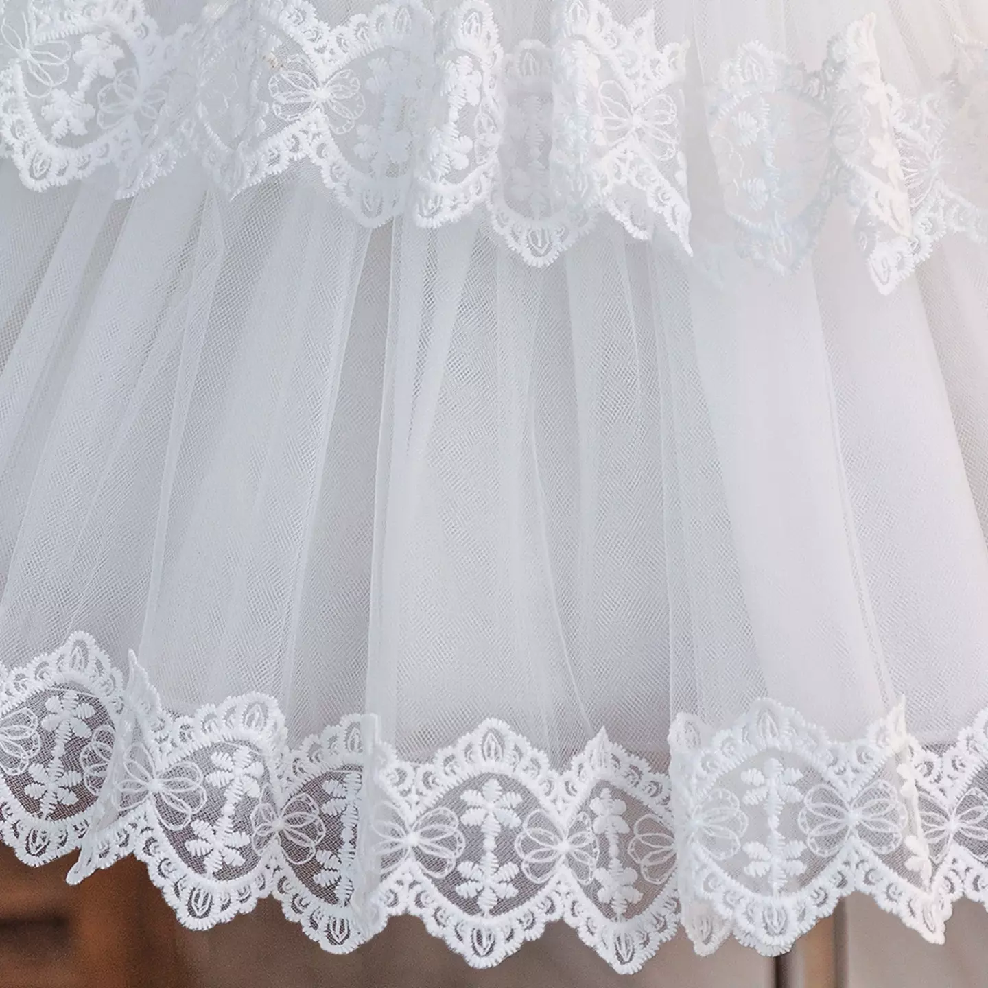 Minnie White Scalloped Lace Tiered Tulle Baby Flower Girl Dress - Tea Length with Blue Sash