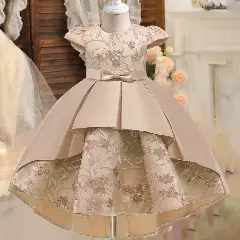 Mara Beige Satin High Low Girls Party Dress with Floral Skirt | Lucys