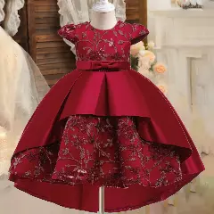 Mara Maroon Layered Satin Brocade Girls Party Dress | Lucys