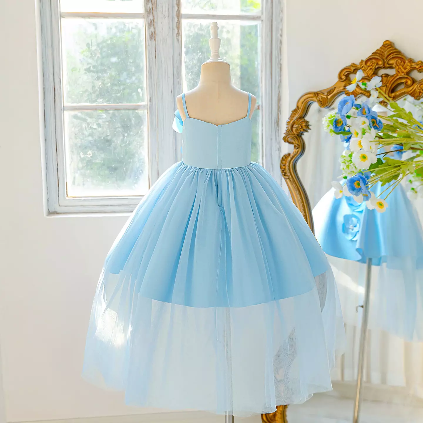 Yubin Light Blue 3D Flower Girls Party Dress with Tulle Tail | Lucys