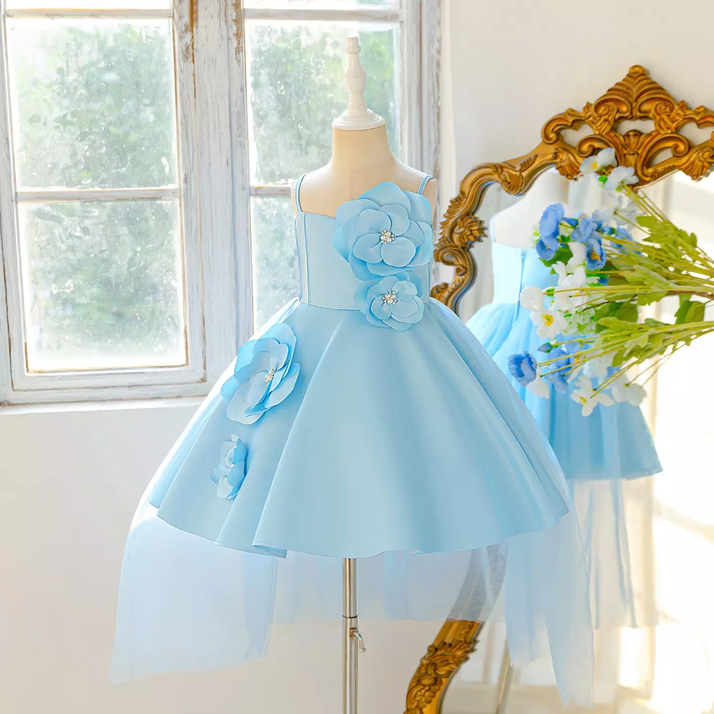 Yubin Light Blue 3D Flower Girls Party Dress with Tulle Tail | Lucys