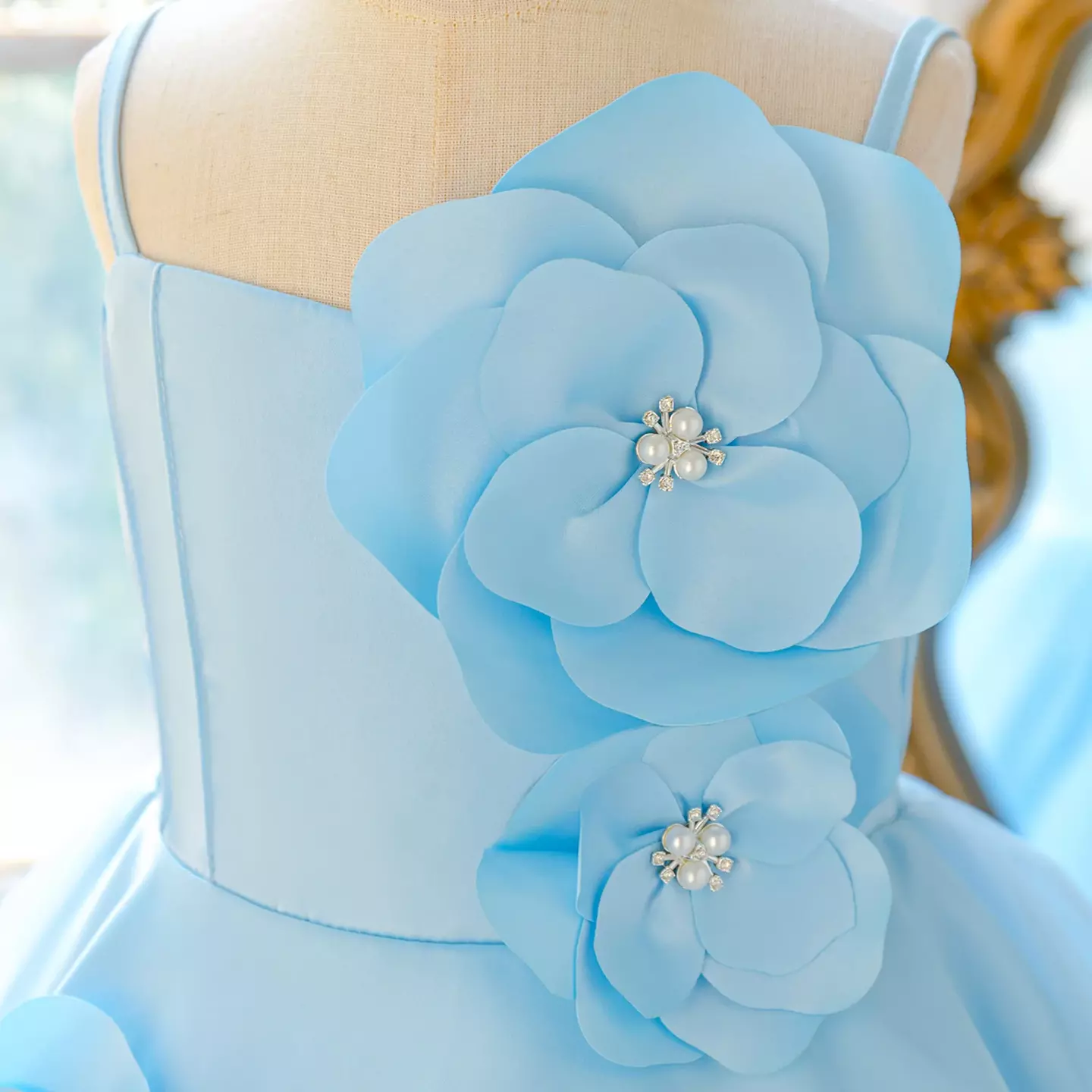 Yubin Light Blue 3D Flower Girls Party Dress with Tulle Tail | Lucys