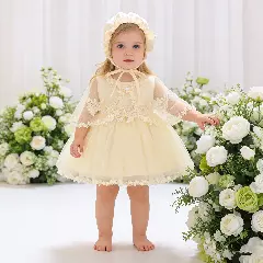 Shuhua Champagne Scalloped Lace Hem Baby Girls Dress & Bonnet Set | Lucys
