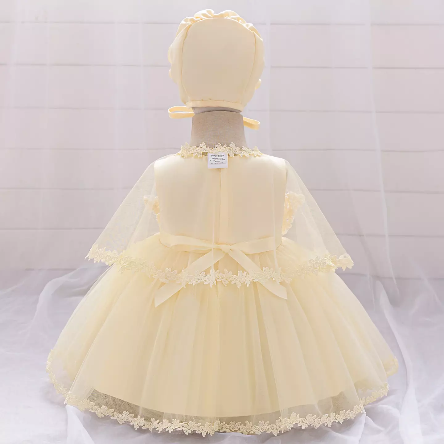 Shuhua Champagne Scalloped Lace Hem Baby Girls Dress & Bonnet Set | Lucys