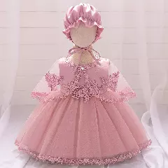Shuhua Dusty Pink Lace Capelet Baby Girls Party Dress & Bonnet Set | Lucys