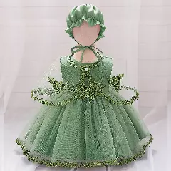 Shuhua Sage Green Gathered Tulle Baby Girls Dress & Bonnet Set | Lucys