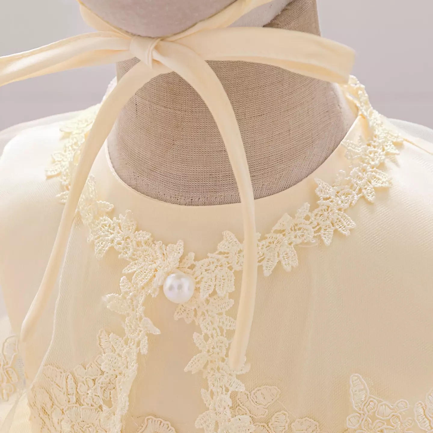 Shuhua Champagne Scalloped Lace Hem Baby Girls Dress & Bonnet Set | Lucys