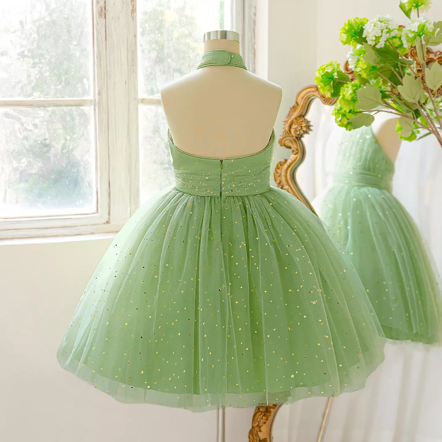 Arin Sage Green Halter Neck Star Glitter Tulle Knee Length Girls Party Dress