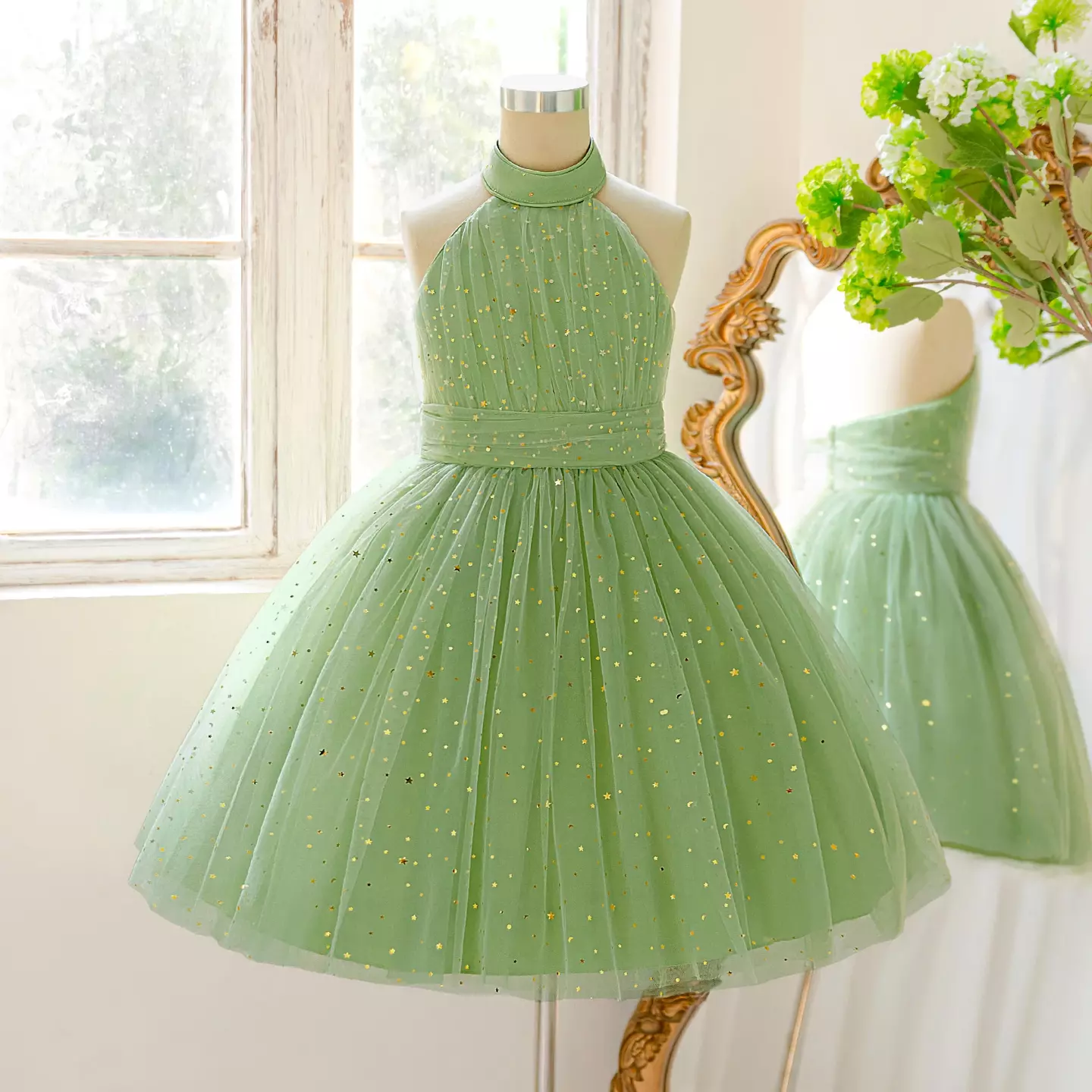 Arin Sage Green Halter Neck Star Glitter Tulle Knee Length Girls Party Dress