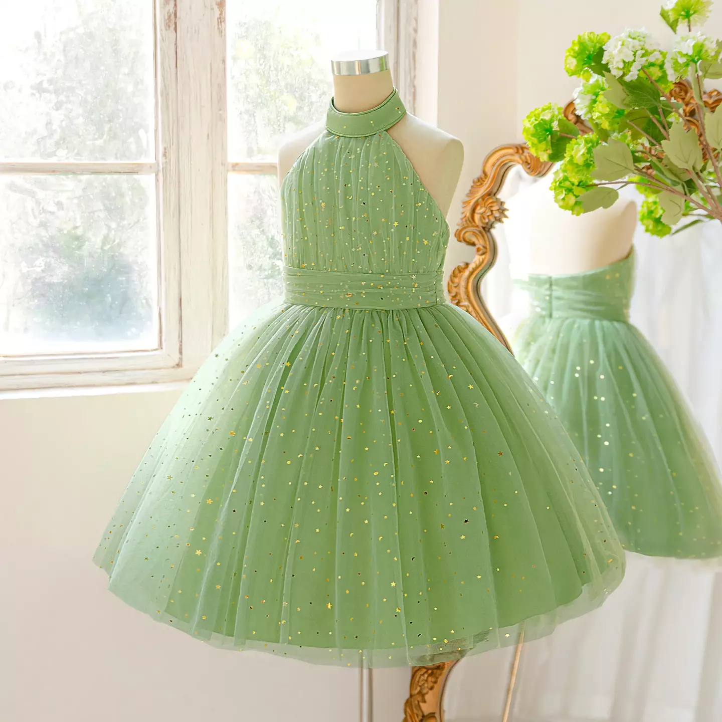 Arin Sage Green Halter Neck Star Glitter Tulle Knee Length Girls Party Dress