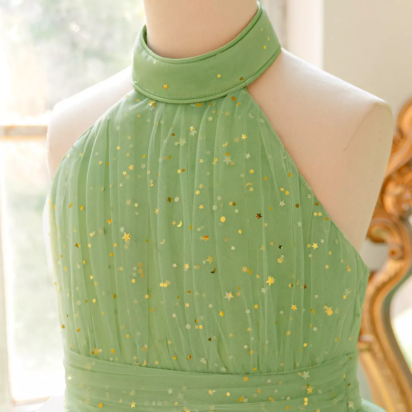 Arin Sage Green Halter Neck Star Glitter Tulle Knee Length Girls Party Dress