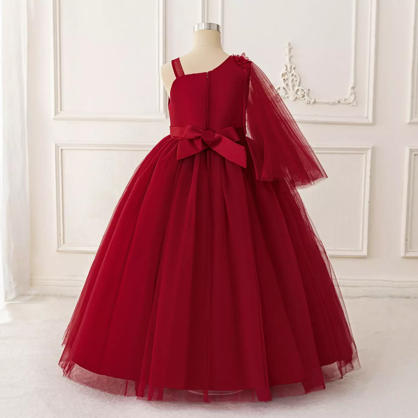 Bomi Maroon One Shoulder Cape Tea Length Girls Junior Bridesmaid Dress | Lucys