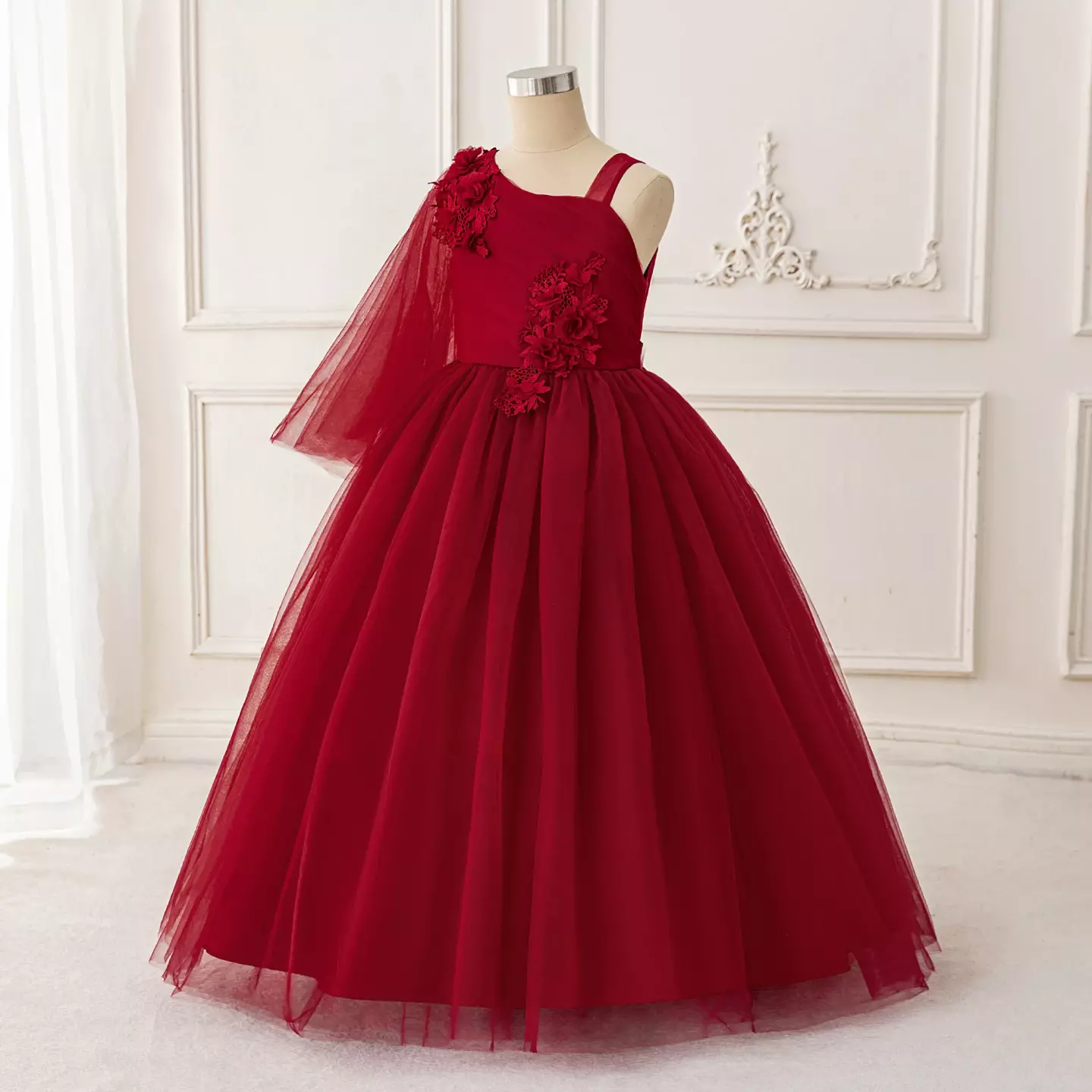 Bomi Maroon One Shoulder Cape Tea Length Girls Junior Bridesmaid Dress | Lucys