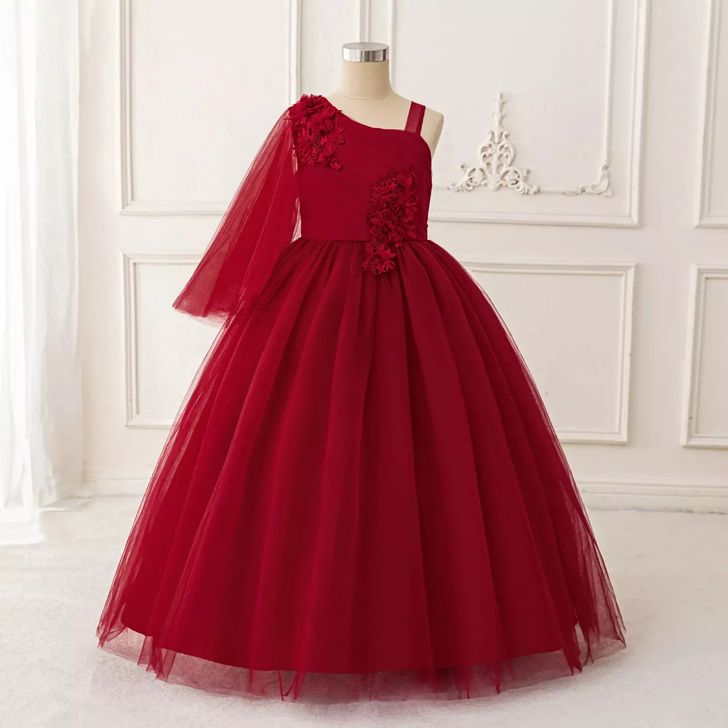Bomi Maroon One Shoulder Cape Tea Length Girls Junior Bridesmaid Dress | Lucys