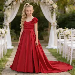 Sohee Maroon Satin Bow Back Tea Length Junior Bridesmaid Dress with Train | Lucys