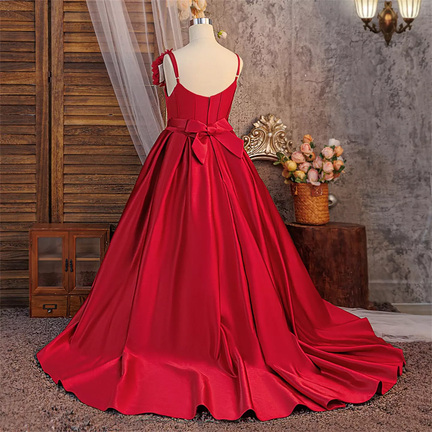 Sohee Maroon Satin Bow Back Tea Length Junior Bridesmaid Dress with Train | Lucys