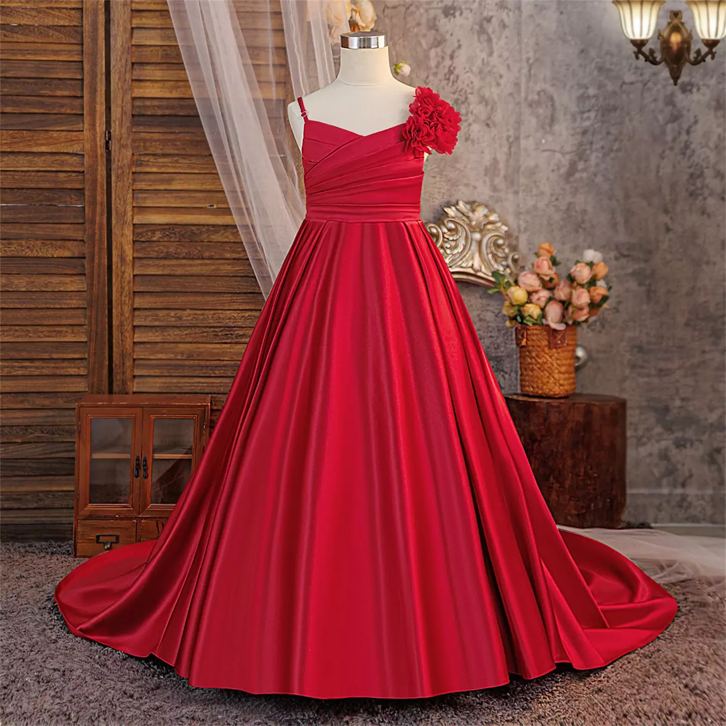 Sohee Maroon Satin Bow Back Tea Length Junior Bridesmaid Dress with Train | Lucys