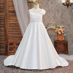 Sohee White Satin Box Pleat Tea Length Flower Girls Dress with Long Train | Lucys