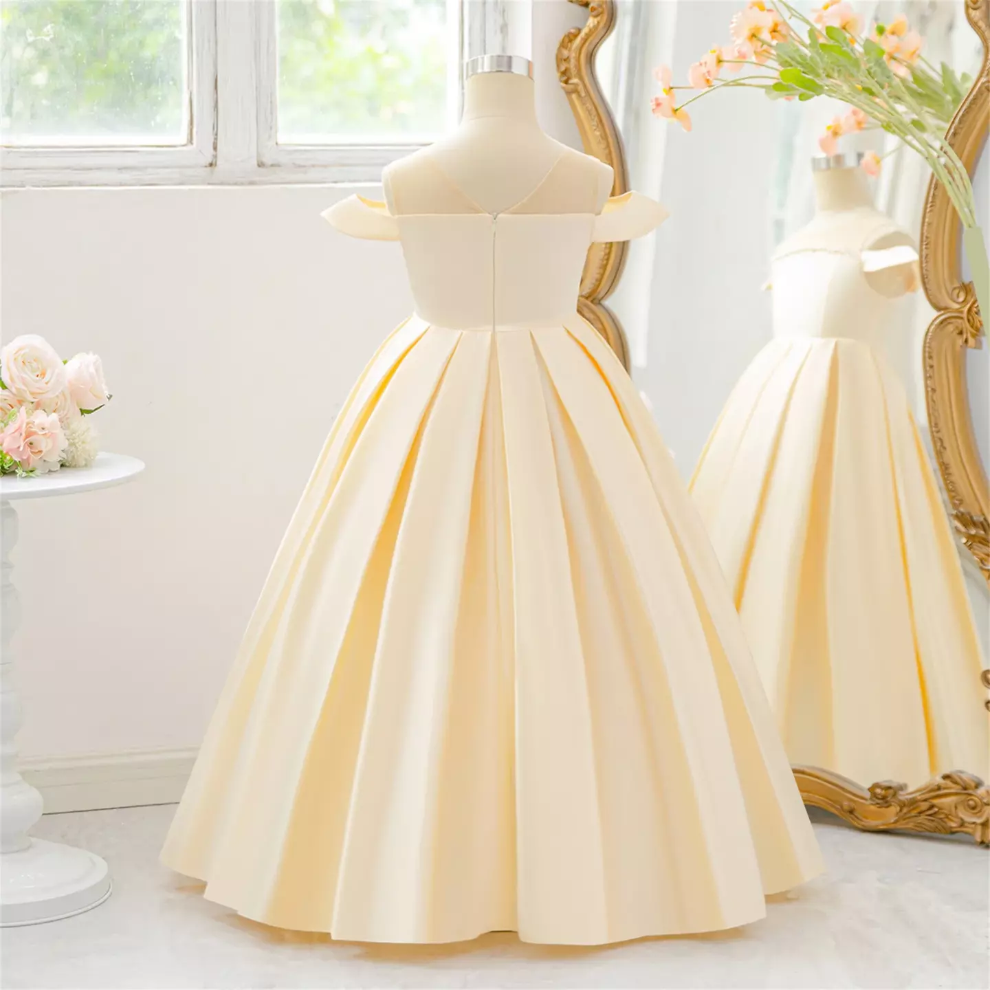 Yura Champagne Illusion Neckline Pearl Trim Tea Length Junior Bridesmaid Dress | Lucys
