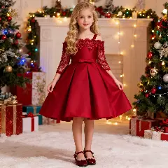 Mimi Girls Maroon Lace Sleeve Knee Length Occasion Dress