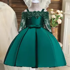 Mimi Girls Forest Green Lace Bertha Off-Shoulder Knee Length Dress