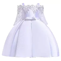 Mimi Girls White Satin Strap Off-Shoulder Knee Length Flower Girl Dress