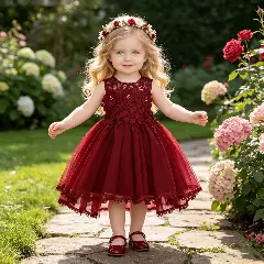 Bona Baby Girls Maroon 3D Lace Flower Tea Length Party Dress
