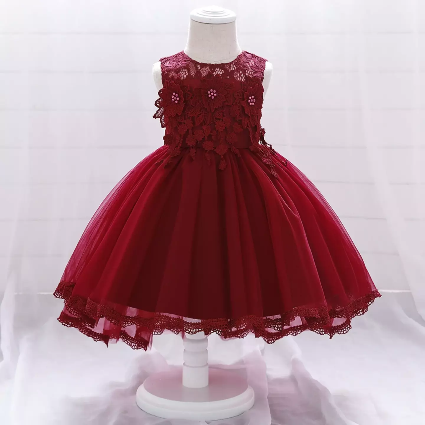 Bona Baby Girls Maroon 3D Lace Flower Tea Length Party Dress