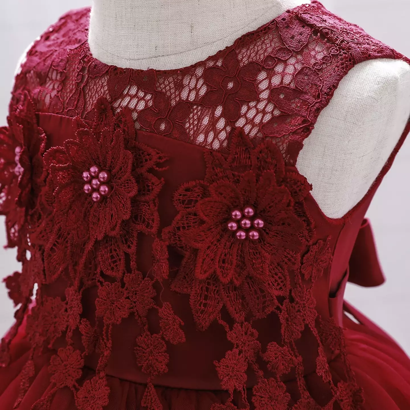 Bona Baby Girls Maroon 3D Lace Flower Tea Length Party Dress