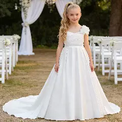 Coco White Satin Flower Shoulder Girls Dress with Sweep Train | Lucys
