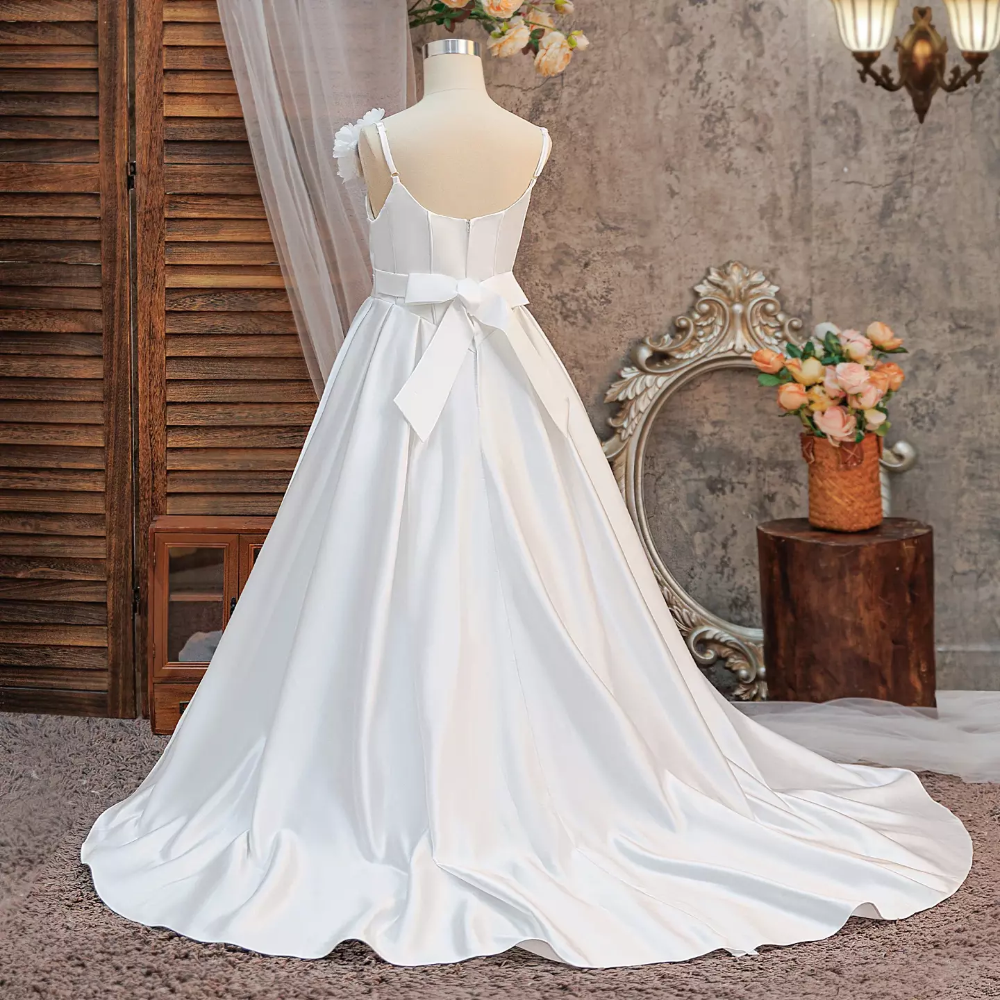Coco White Satin Flower Shoulder Girls Dress with Sweep Train | Lucys