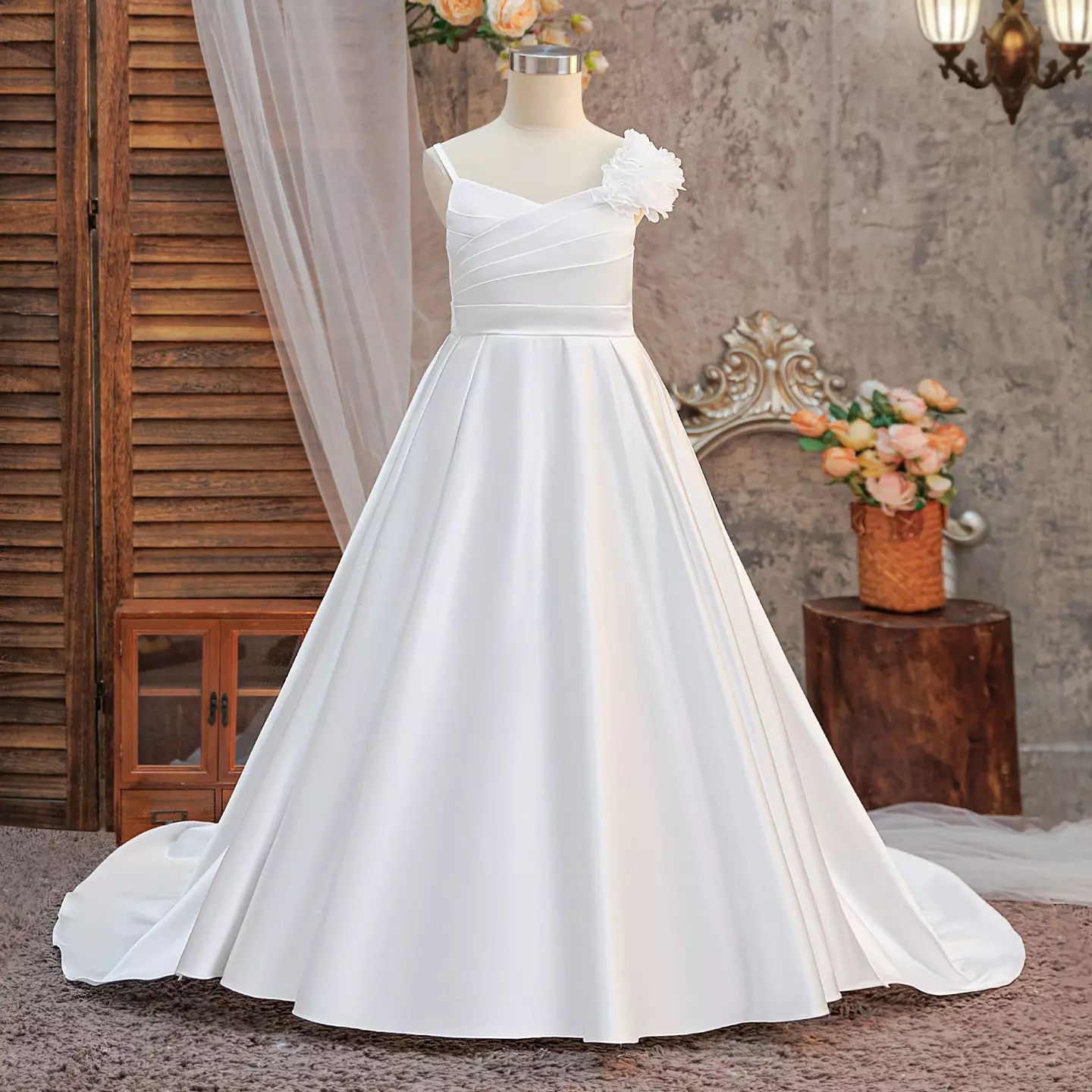 Coco White Satin Flower Shoulder Girls Dress with Sweep Train | Lucys