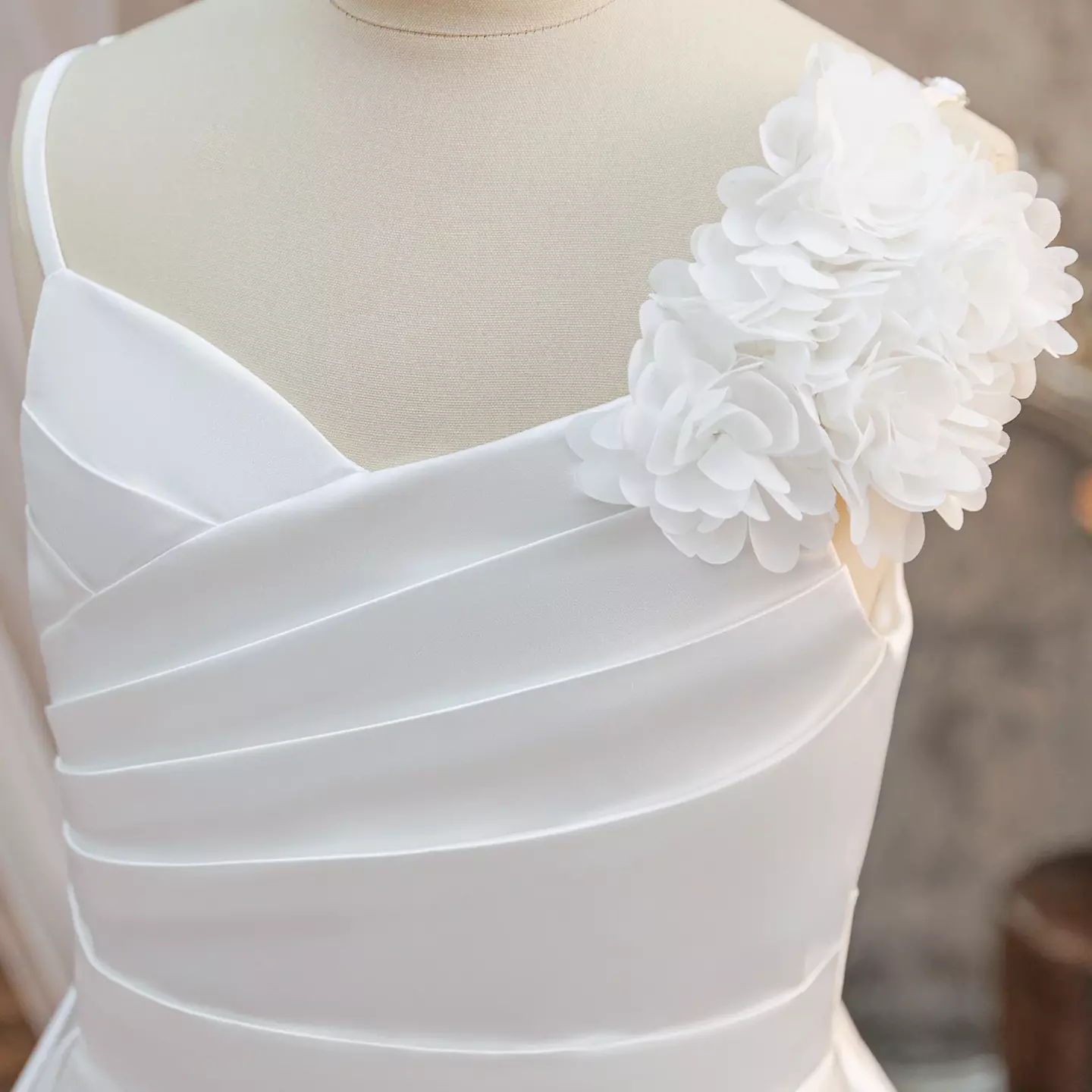 Coco White Satin Flower Shoulder Girls Dress with Sweep Train | Lucys