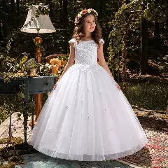 Aryna White 3D Flower Tulle Tea Length Flower Girls Dress | Lucys