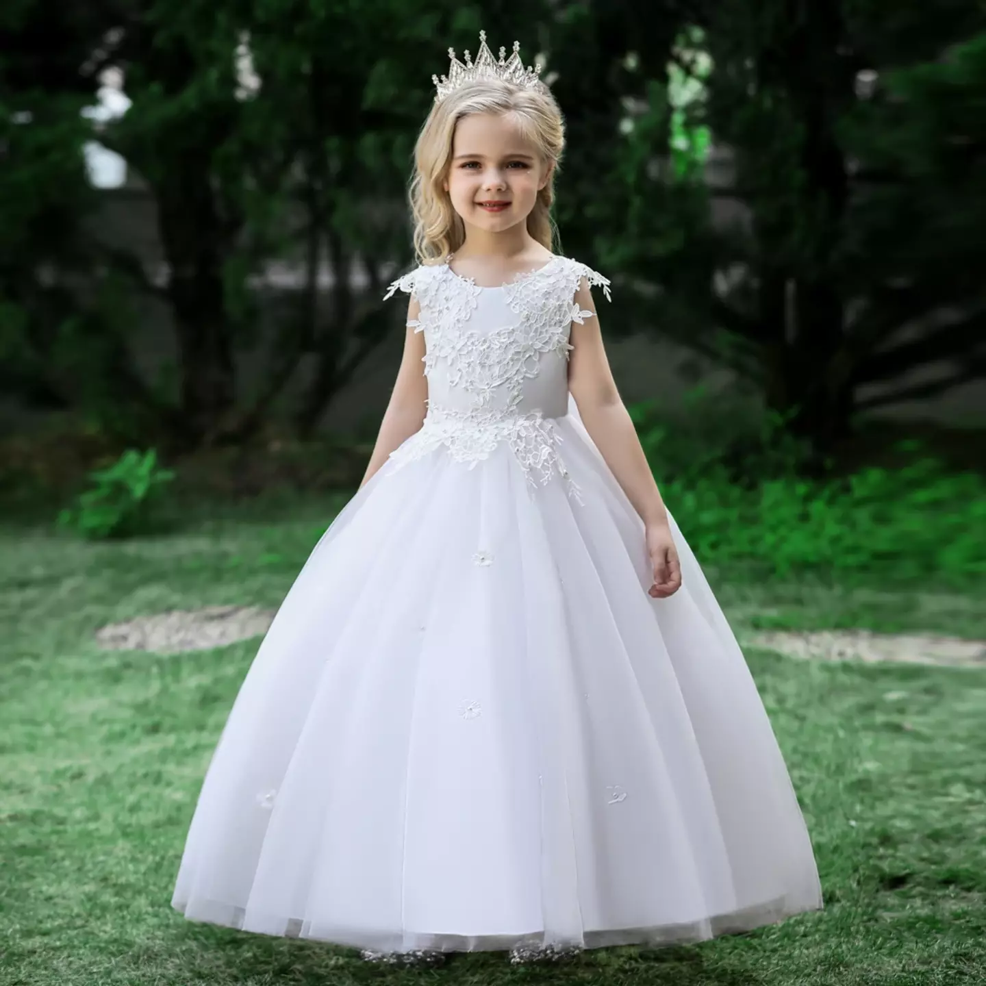 Aryna White 3D Flower Tulle Tea Length Flower Girls Dress | Lucys