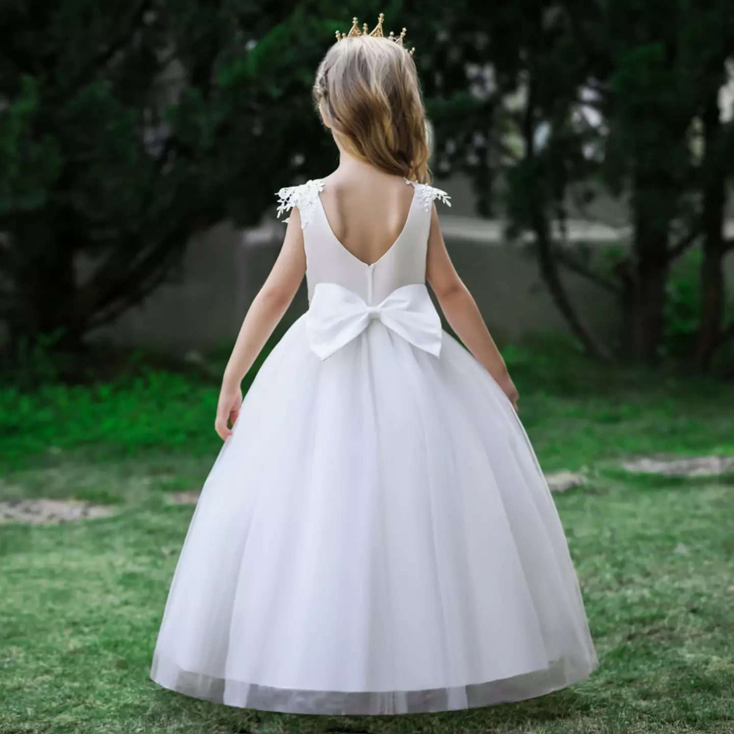 Aryna White 3D Flower Tulle Tea Length Flower Girls Dress | Lucys