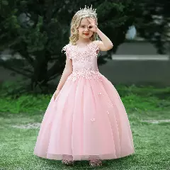 Aryna Peach Pearl Beaded Illusion Neckline Girls Party Dress | Lucys
