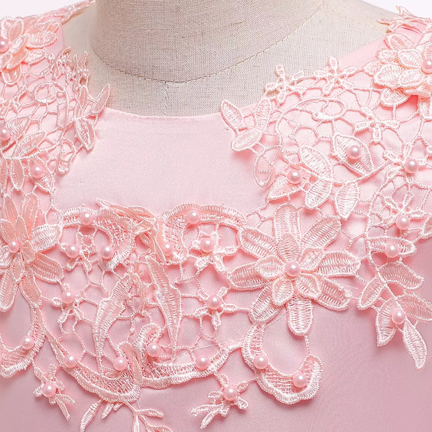Aryna Peach Pearl Beaded Illusion Neckline Girls Party Dress | Lucys