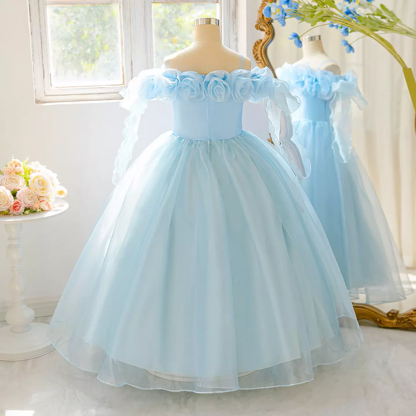 Iga Light Blue Organza Rose Neckline Tea Length Girls Junior Bridesmaid Dress | Lucys