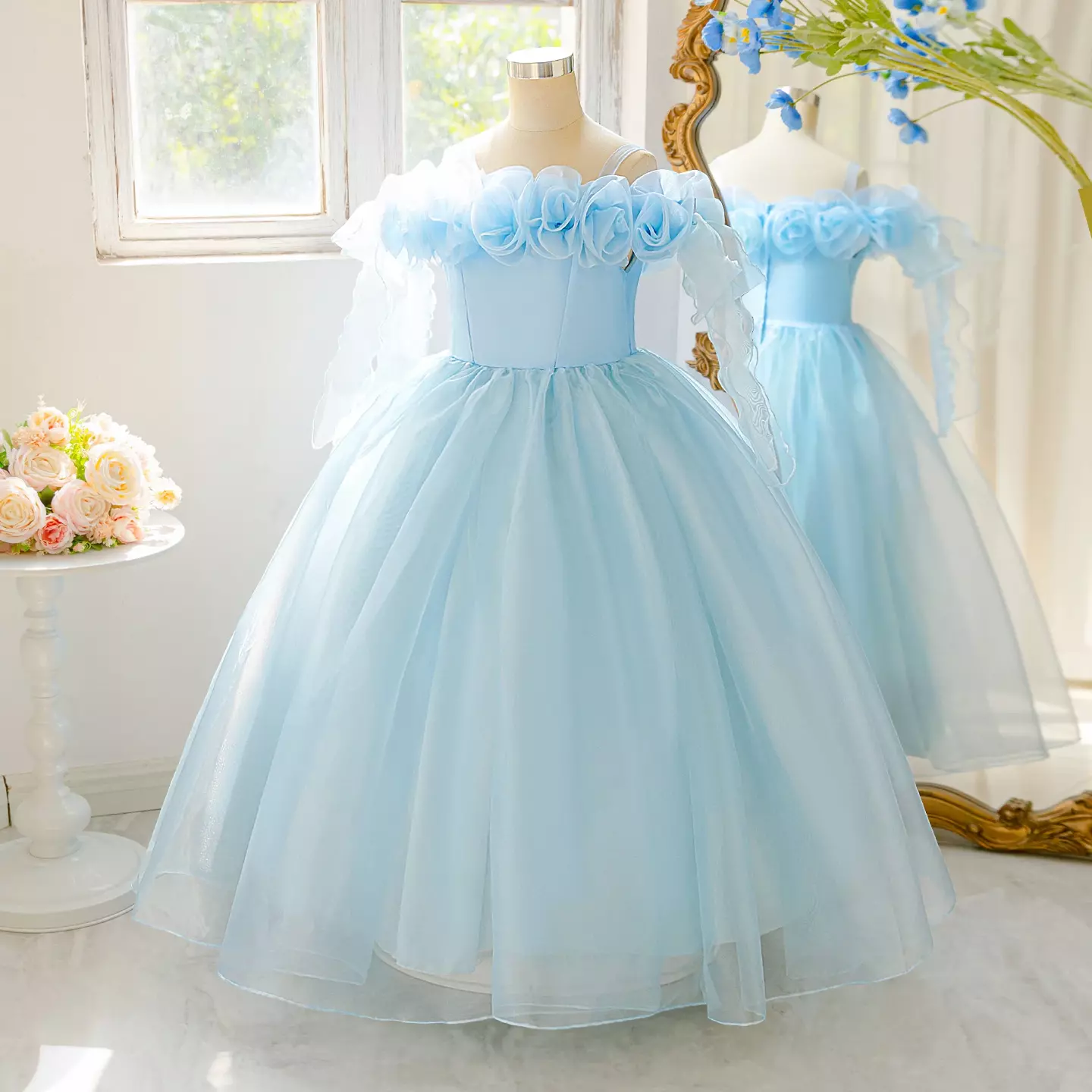 Iga Light Blue Organza Rose Neckline Tea Length Girls Junior Bridesmaid Dress | Lucys