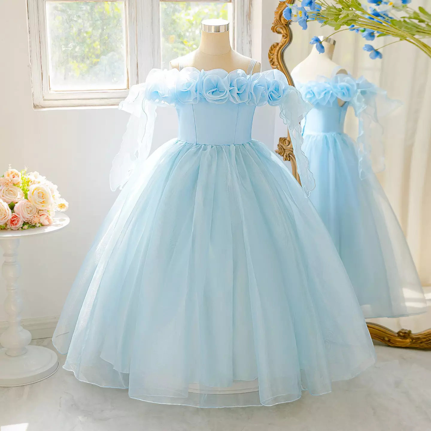 Iga Light Blue Organza Rose Neckline Tea Length Girls Junior Bridesmaid Dress | Lucys