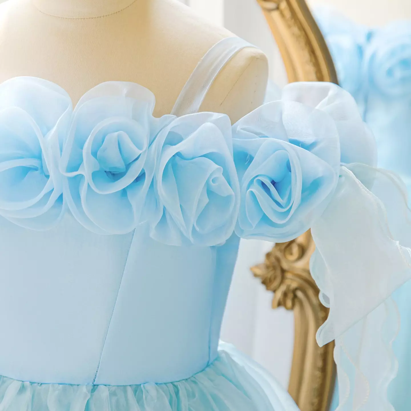 Iga Light Blue Organza Rose Neckline Tea Length Girls Junior Bridesmaid Dress | Lucys
