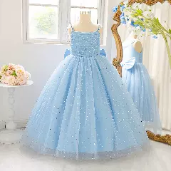 Elina Light Blue Pearl Strap Tea Length Girls Junior Bridesmaid Dress | Lucys