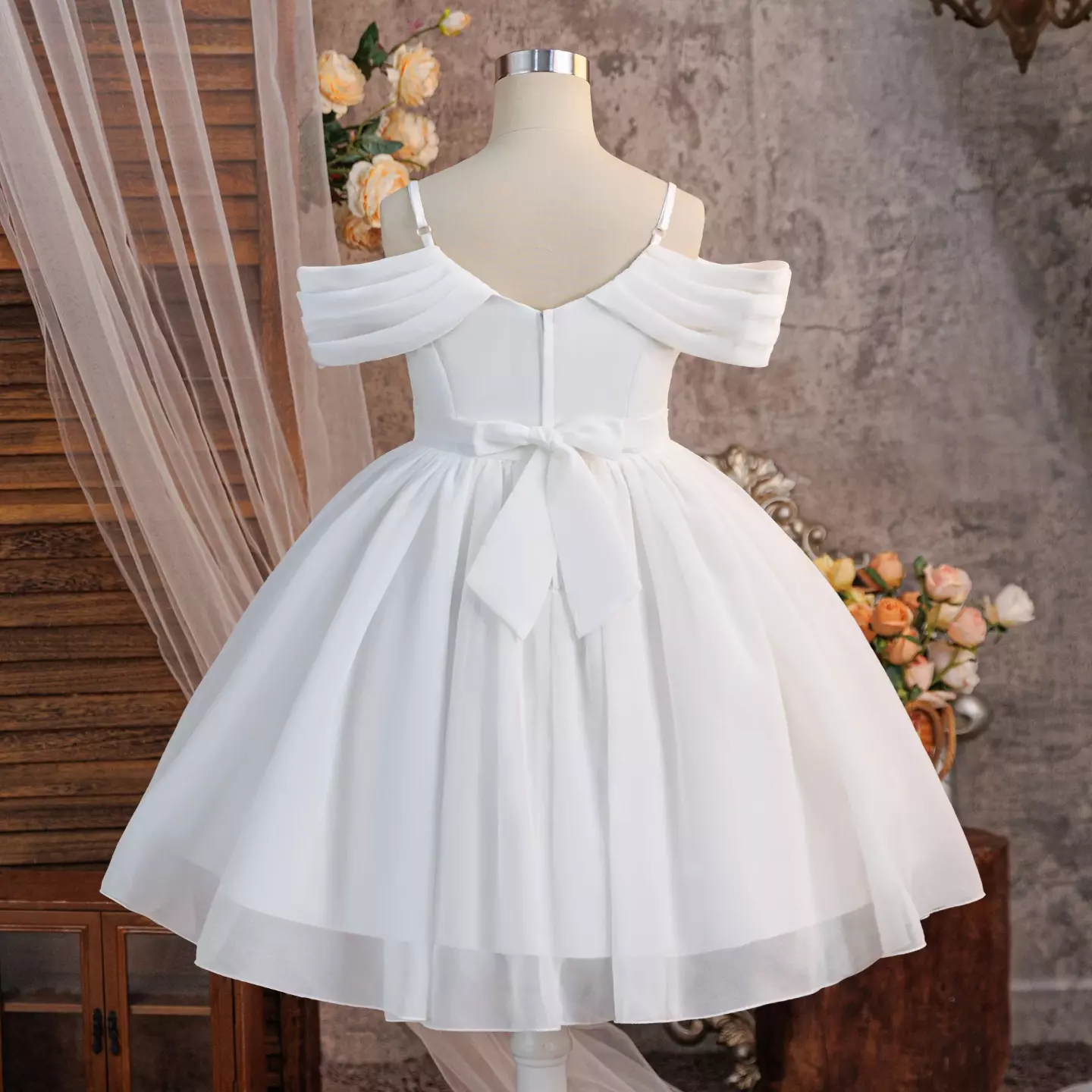 Belinda White Off-Shoulder Draped Sleeve Knee Length Girls Flower Girl Dress | Lucys