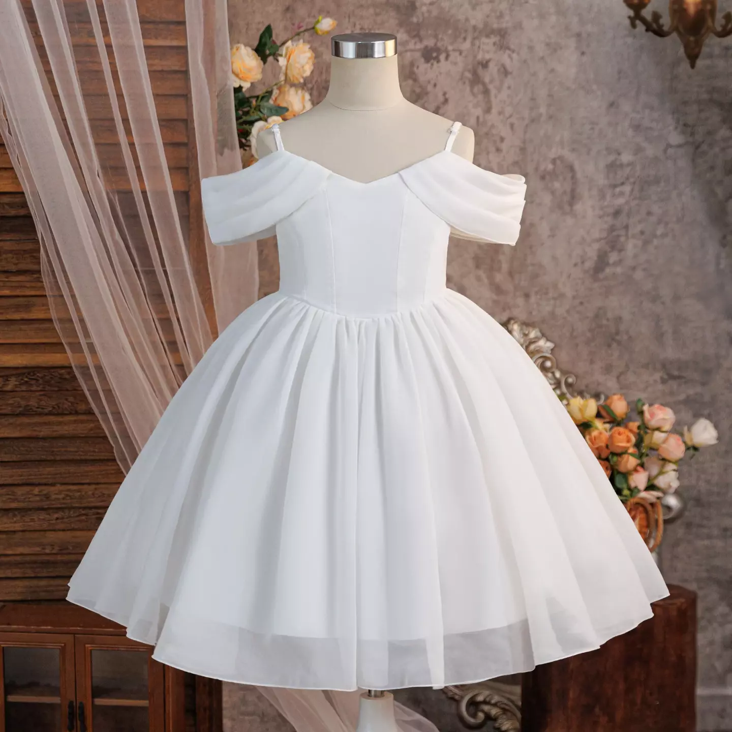 Belinda White Off-Shoulder Draped Sleeve Knee Length Girls Flower Girl Dress | Lucys