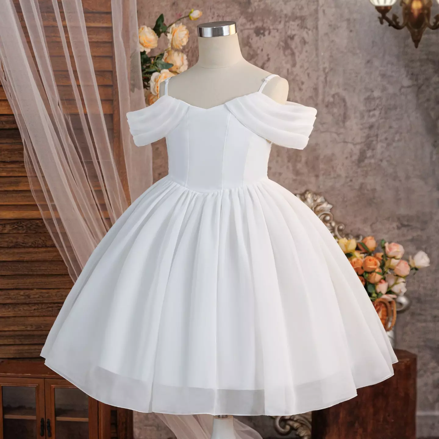 Belinda White Off-Shoulder Draped Sleeve Knee Length Girls Flower Girl Dress | Lucys