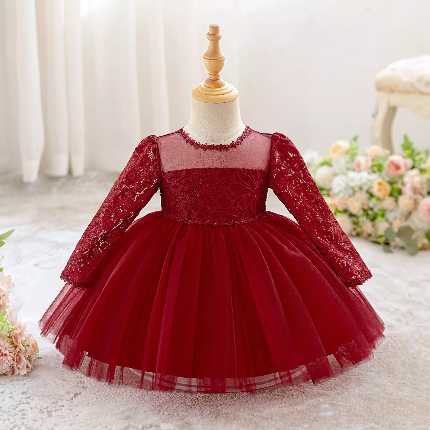 Marta Maroon Daisy Trim Lace Baby Girls Party Dress | Lucys