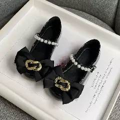 Girls Black Mary Jane Shoes with Chain Bow and Pearl Strap for Formal and Everyday Wear | Lucys 10442