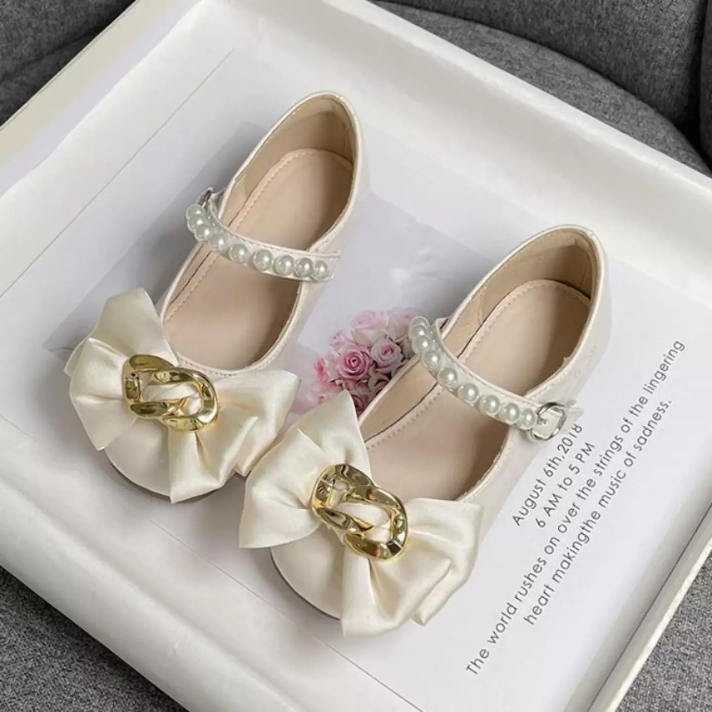 Girls Ivory Mary Jane Dress Shoes with Gold Chain Bow and Pearl Strap | Lucys 10441